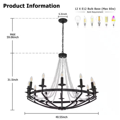 12-Light Rustic Candle Style Modern Industrial Chandelier Ambient Lighting for Dining Room Living Room Foyer