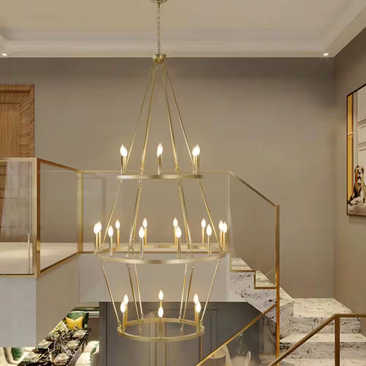 Modern 24-Light Gold 3-Tier Wagon Wheel Farmhouse Industrial Chandelier Rustic Candle Pendant Light