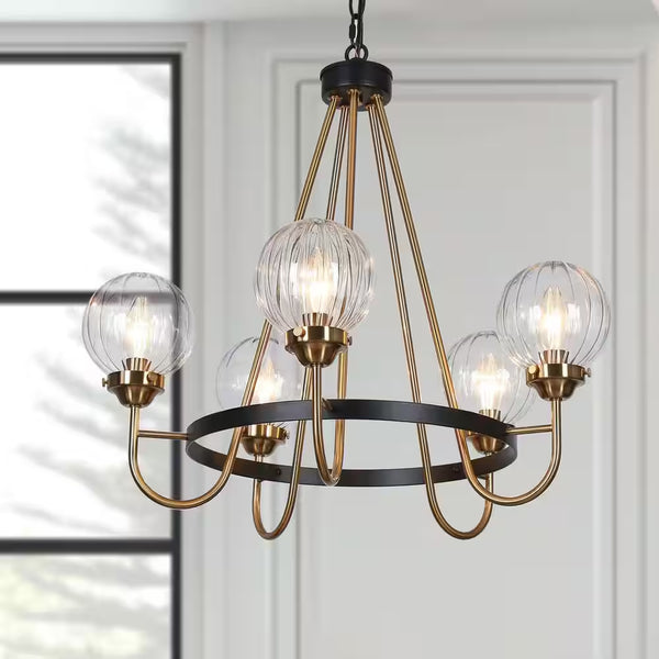 5-Light Brass Chandelier Lighting, Sputnik Pendant Lights for Kitchen Island, Modern Black Chandelier with round Glasses