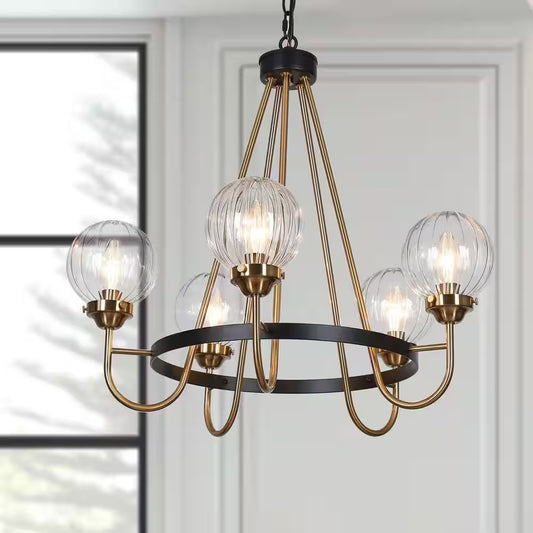 5-Light Brass Chandelier Lighting, Sputnik Pendant Lights for Kitchen Island, Modern Black Chandelier with round Glasses