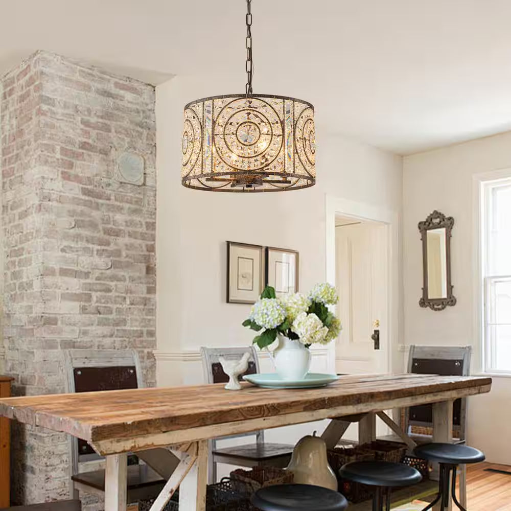 Iridescent 4-Light Vintage Crystal Drum Antique Bronze Chandelier Retro Classic Medium Lighting Fixture for Dining Room