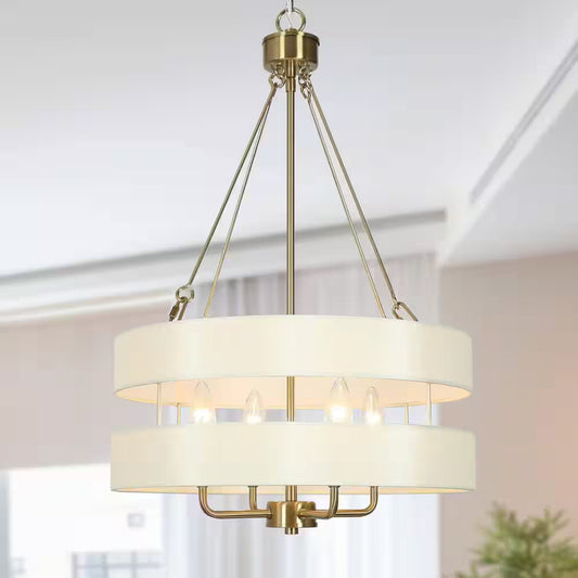 Transitional Brass Dining Room Drum Chandelier with Fabric Shade, 4-Light Craftsman Kitchen Island Bedroom Chandelier