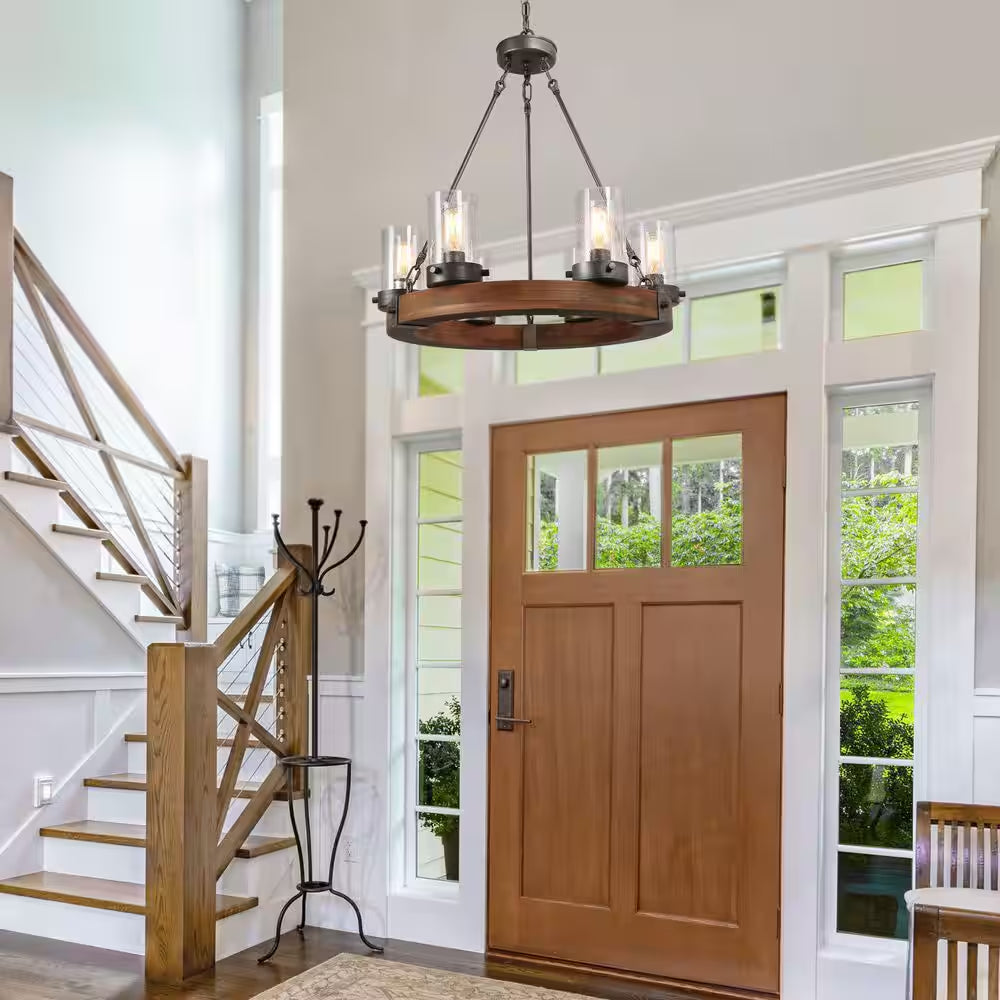 Bronze Farmhouse Chandelier Wood Wagon Wheel 6-Light Rustic Chandelier for Foyer with Seedy Glass and Aged Silver Metal
