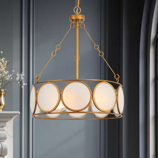 3-Light Antique Gold Modern Pendant Light, Frosted Glass round Chandelier, Transitional Dining Room Drum Chandelier