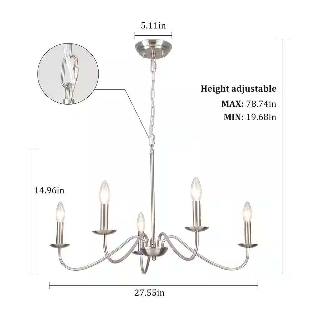 5-Light Nickel Farmhouse Chandeliers for Living Room Foyer Hallway Dining Room