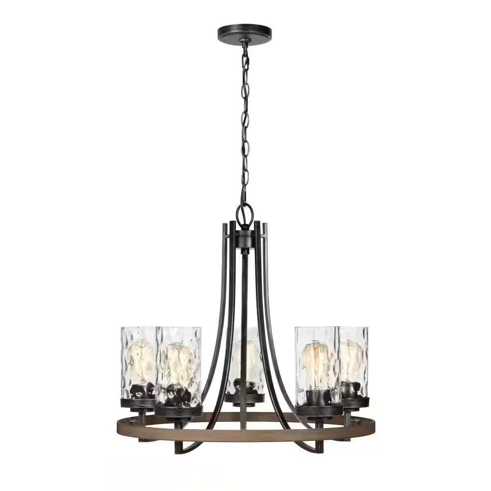 Gaston 5-Light Weathered Gray Rustic Farmhouse Wagon Wheel Chandelier with Distressed Oak Accents and Water Glass Shades