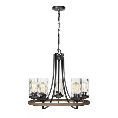 Gaston 5-Light Weathered Gray Rustic Farmhouse Wagon Wheel Chandelier with Distressed Oak Accents and Water Glass Shades