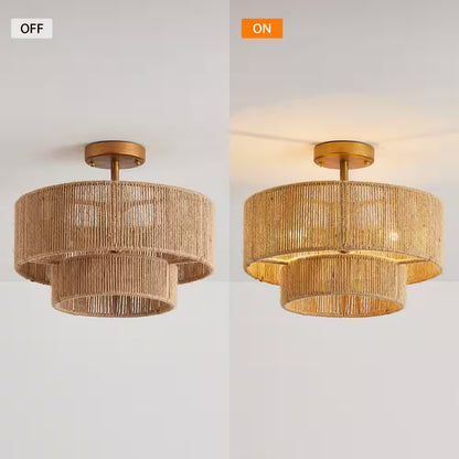15.4 In. 3-Light Bohemian Antique Gold Two-Tier Drum Semi- Flush Mount with Natural Jute Rope Shade