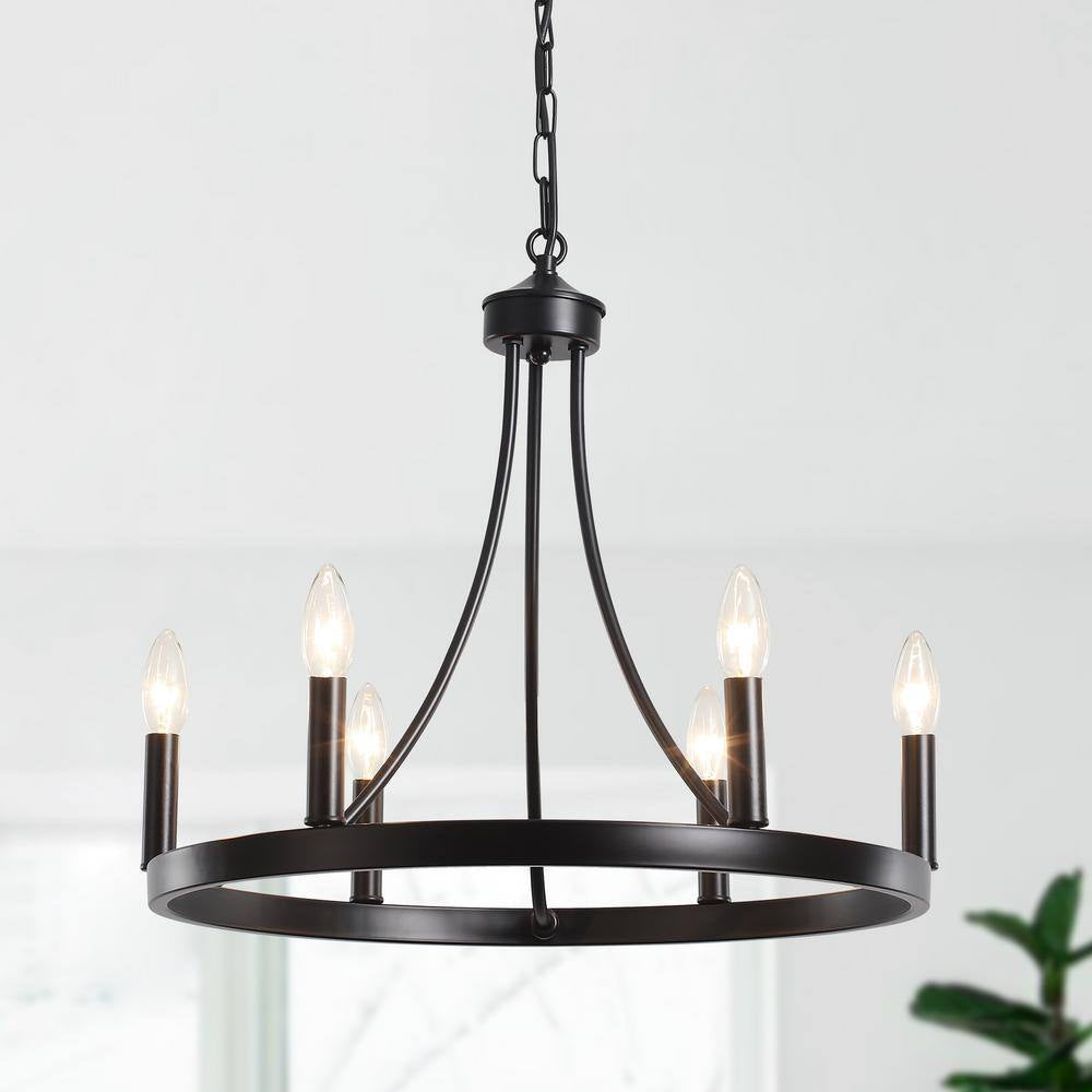 6-Light Black Farmhouse Wagon Wheel Chandelier Rustic Dining Room Pendant Light