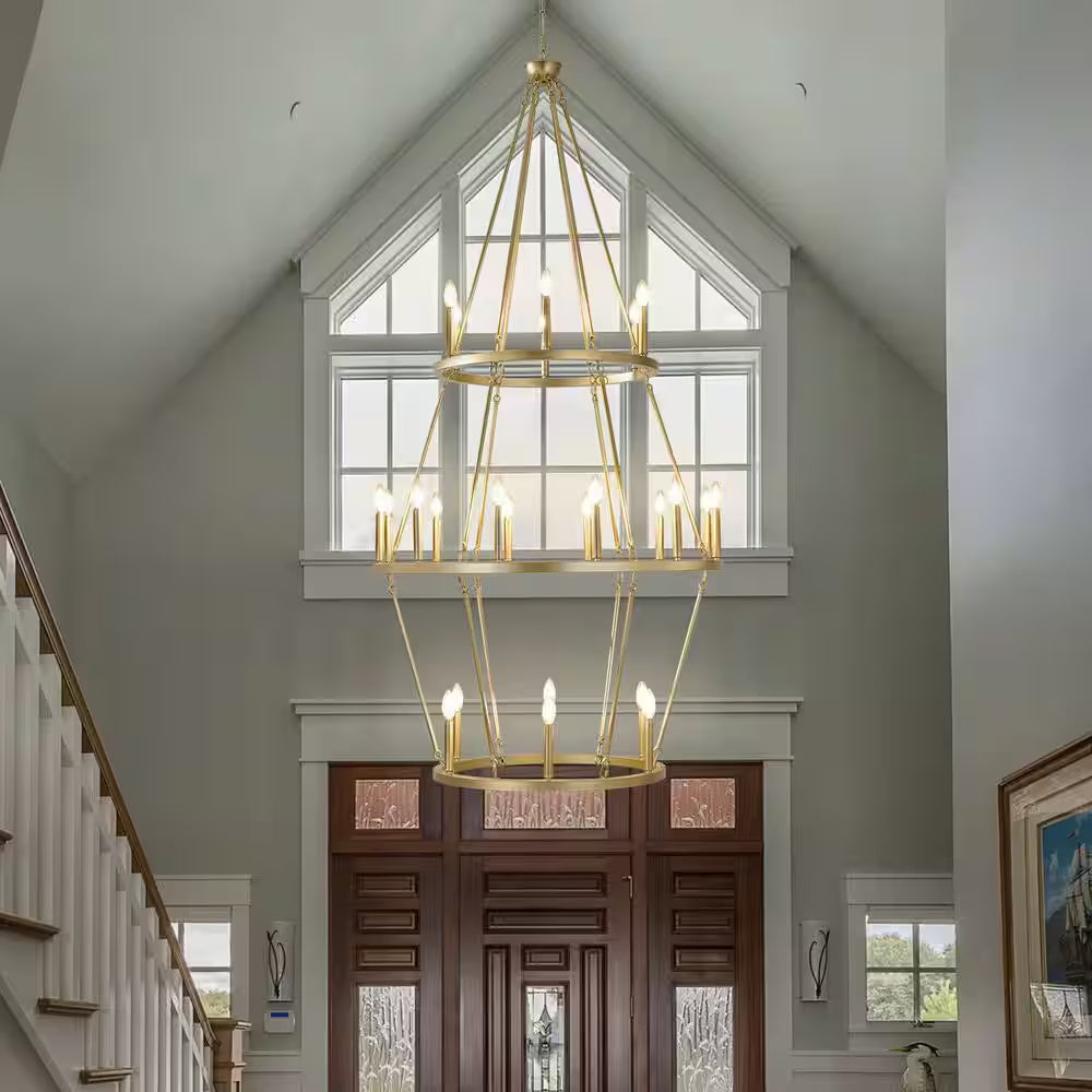 Modern 24-Light Gold 3-Tier Wagon Wheel Farmhouse Industrial Chandelier Rustic Candle Pendant Light