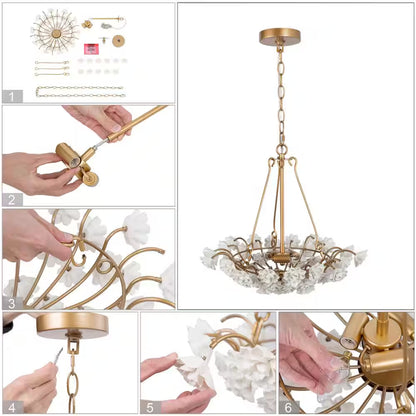 Modern Brass Gold Island Chandelier Light 3-Light round Chandelier Light with Ceramic Flowers