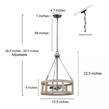 Drum Wood Chandelier, Rustic 3-Light Brown Caged Chandelier round Island Pendant Light Farmhouse Chandelier