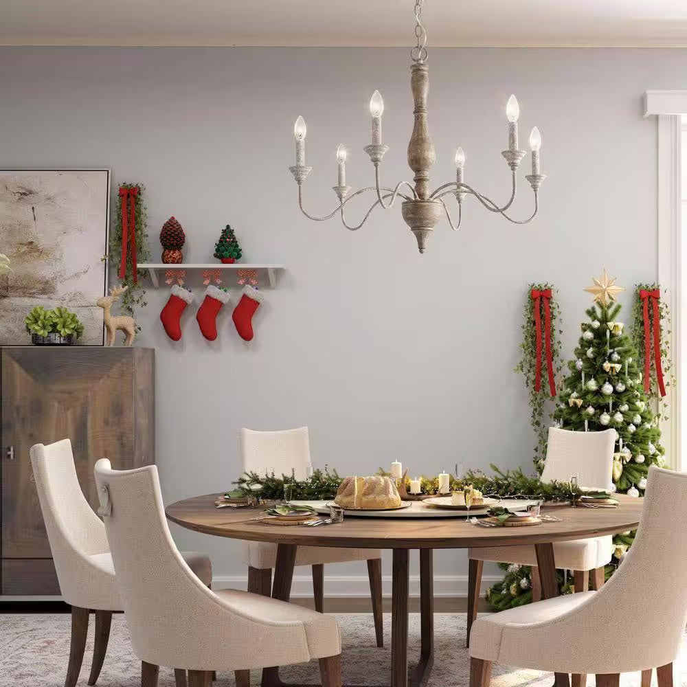 6-Light Rustic Farmhouse Wood Chandelier 29.5 In. W with Antique White French Country Accents and Classic Candle Style