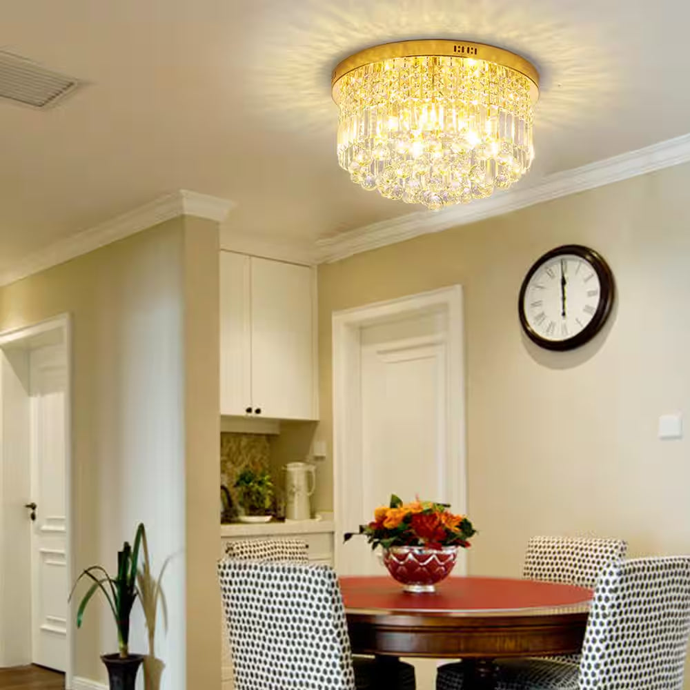 9-Light 20 In. Gold Flush Mount Crystal Chandelier for Bedroom Dining Room with No Bulbs Included