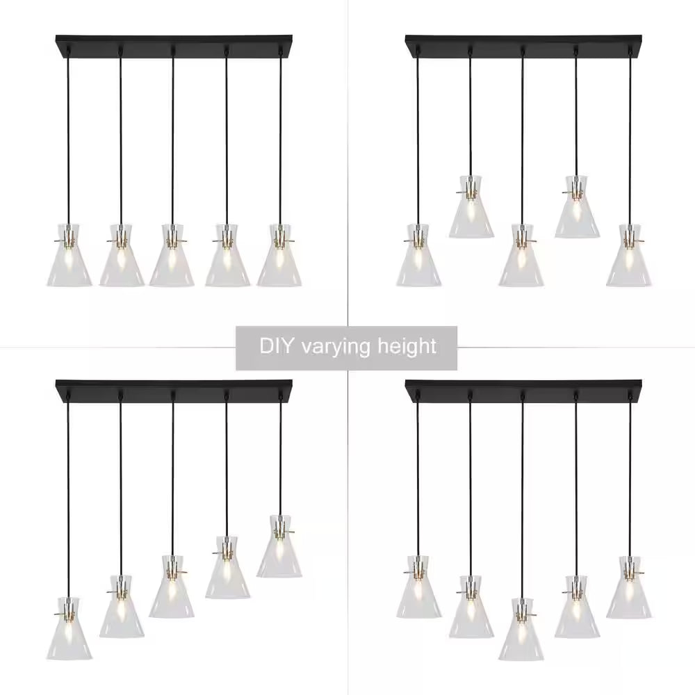 Farmhouse Black Kitchen Chandelier, 33 In. 5-Light Plated Gold Transitional Island Seeded Pendant Light for Dining Room