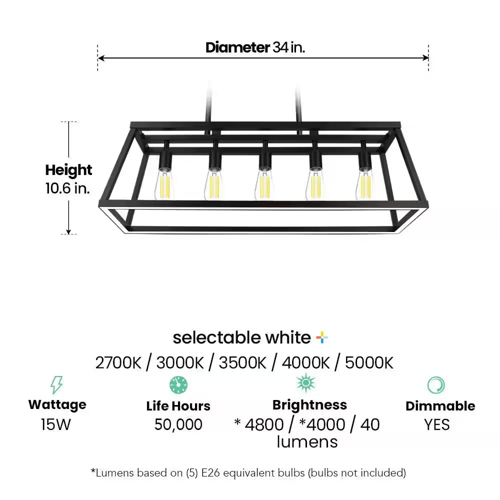 Katalyst 60-Watt 5-Light Matte Black Modern Adjustable CCT and 3-Light Modes Integrated LED Chandelier Light