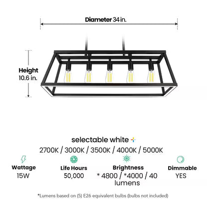Katalyst 60-Watt 5-Light Matte Black Modern Adjustable CCT and 3-Light Modes Integrated LED Chandelier Light