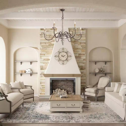37 In. W Wood Candlestick Chandelier 6-Light Distressed White Farmhouse Chandelier Living Room with French Country Flair