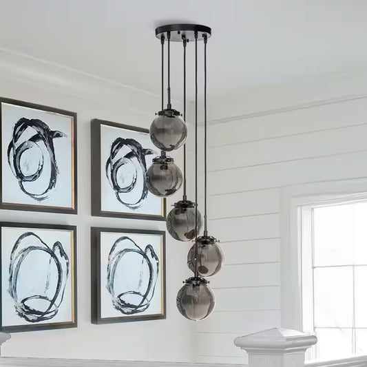 5-Light Modern Matte Black Staircase Chandelier with Smoke Globe Bubble Glass Corner Pendant