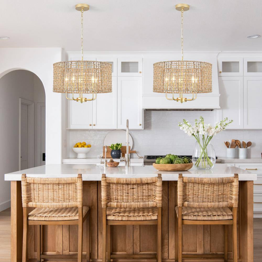 18.89 In. 5-Light Golden Bohemian Pendant Design Drum Chandelier with Natural Rattan Shade and No Bulbs Included