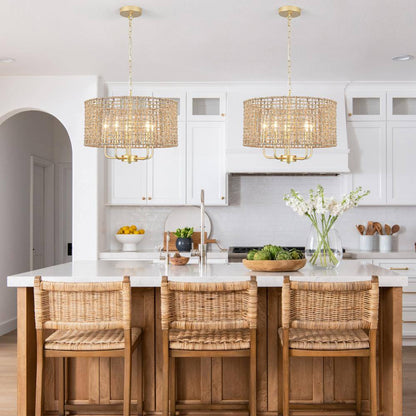 18.89 In. 5-Light Golden Bohemian Pendant Design Drum Chandelier with Natural Rattan Shade and No Bulbs Included