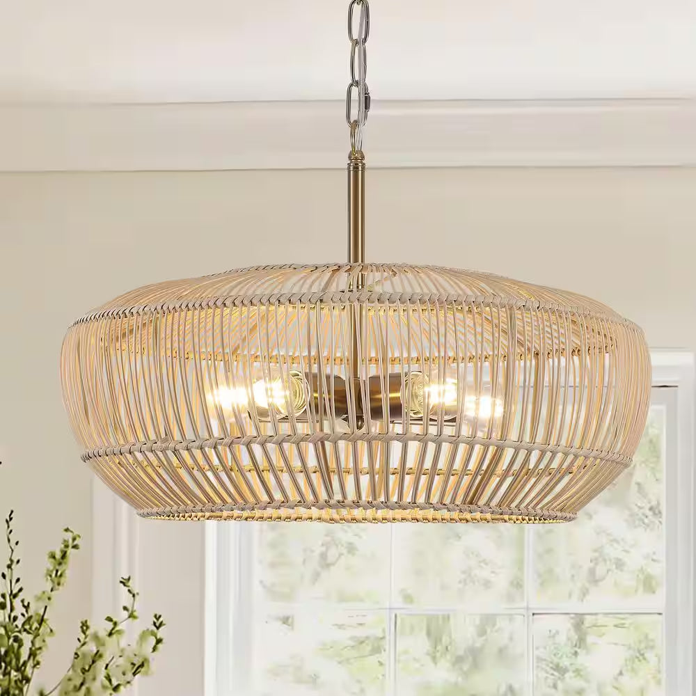 5-Light Gold Modern Bohemian Rattan Chandelier Light with Woven Shade