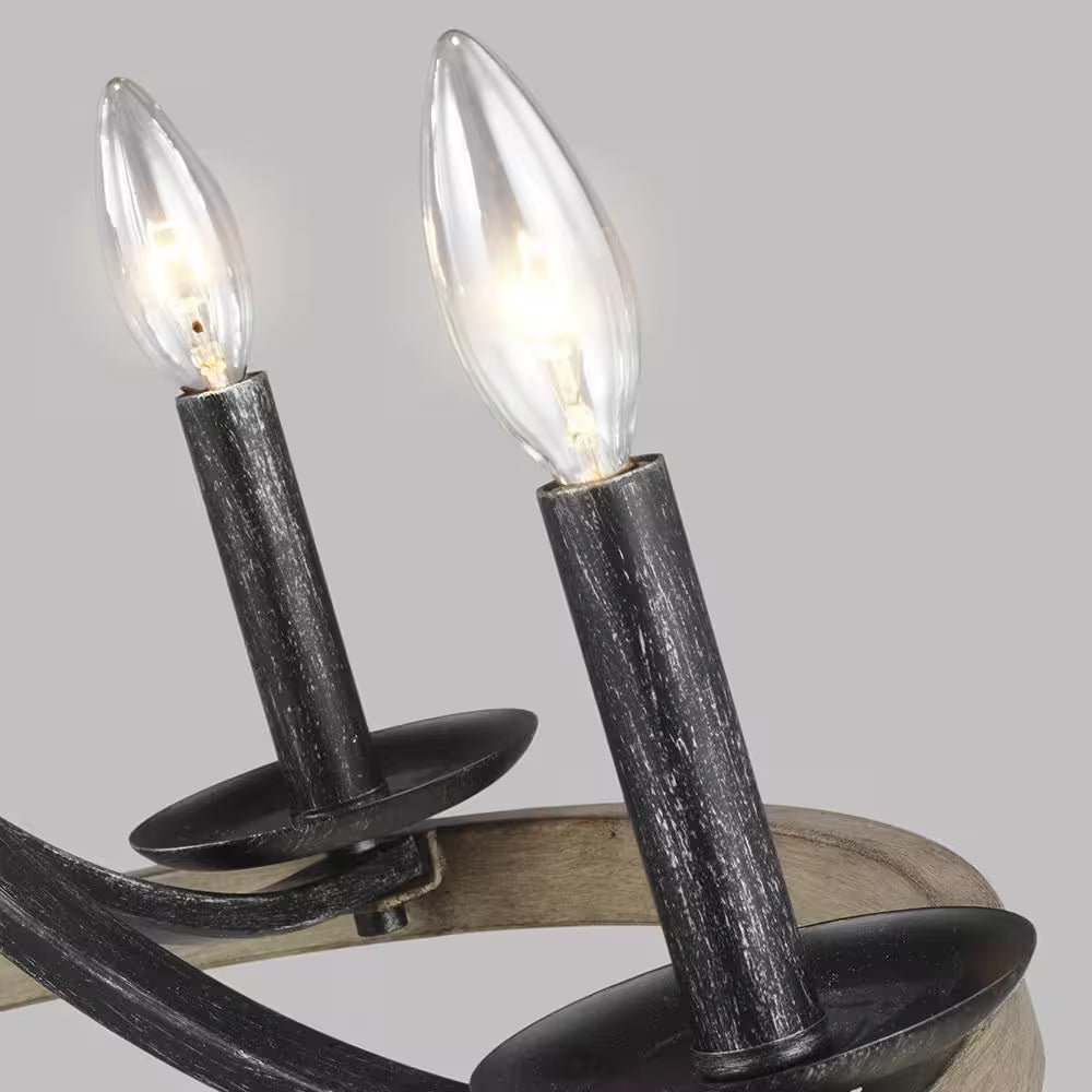 Conal 5-Light Weathered Gray Wagon Wheel Rustic Farmhouse Bell Candlestick Chandelier with Distressed Oak Finish Accents