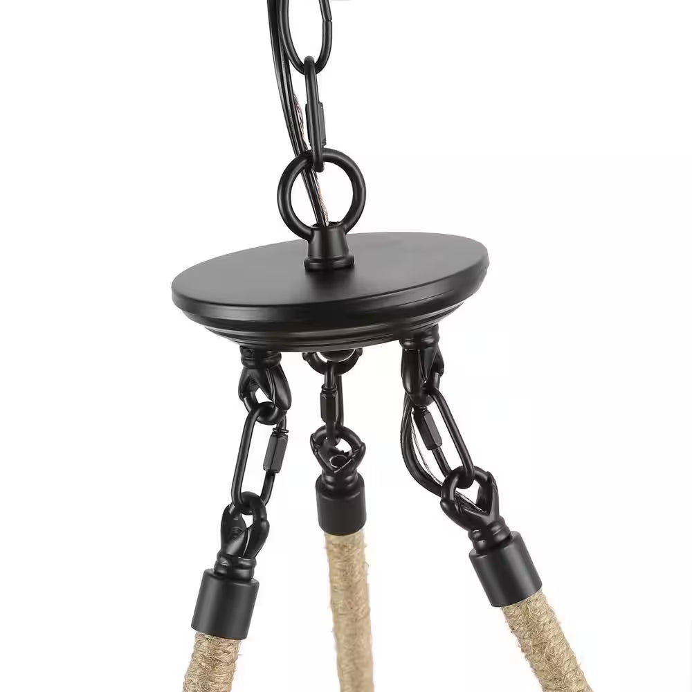 Farmhouse Chandelier 6-Light Black Wagon Wheel Wood Island Chandelier with Clear Seeded Glass Shade and Rope Accents