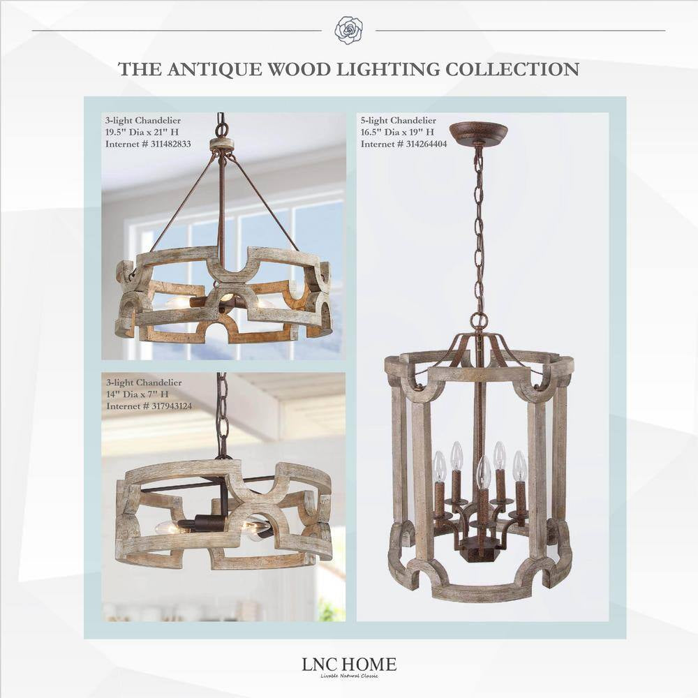 Modern Farmhouse Solid Wood Drum Island Chandelier 3-Light Rustic Brown Pendant Light for Dining Room Kitchen Entryway