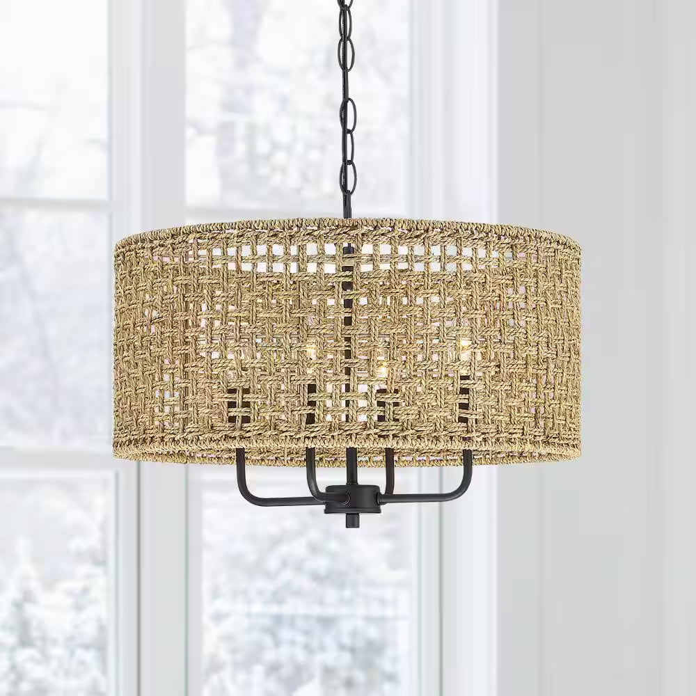 Cape 20 In. 4-Light Bohemian Drum Chandelier with Straw Hand Woven Shade