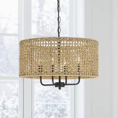 Cape 20 In. 4-Light Bohemian Drum Chandelier with Straw Hand Woven Shade