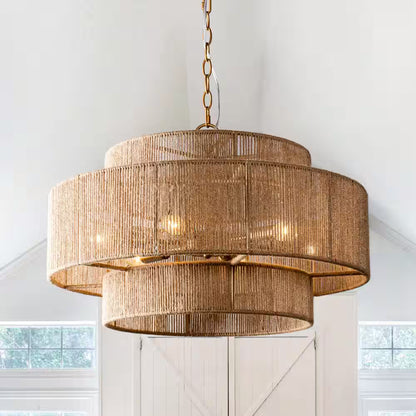 Farmhouse 6-Light Gold 2-Tiered Chandelier with Woven Rope Shade for Living Room Bedroom Dining Room