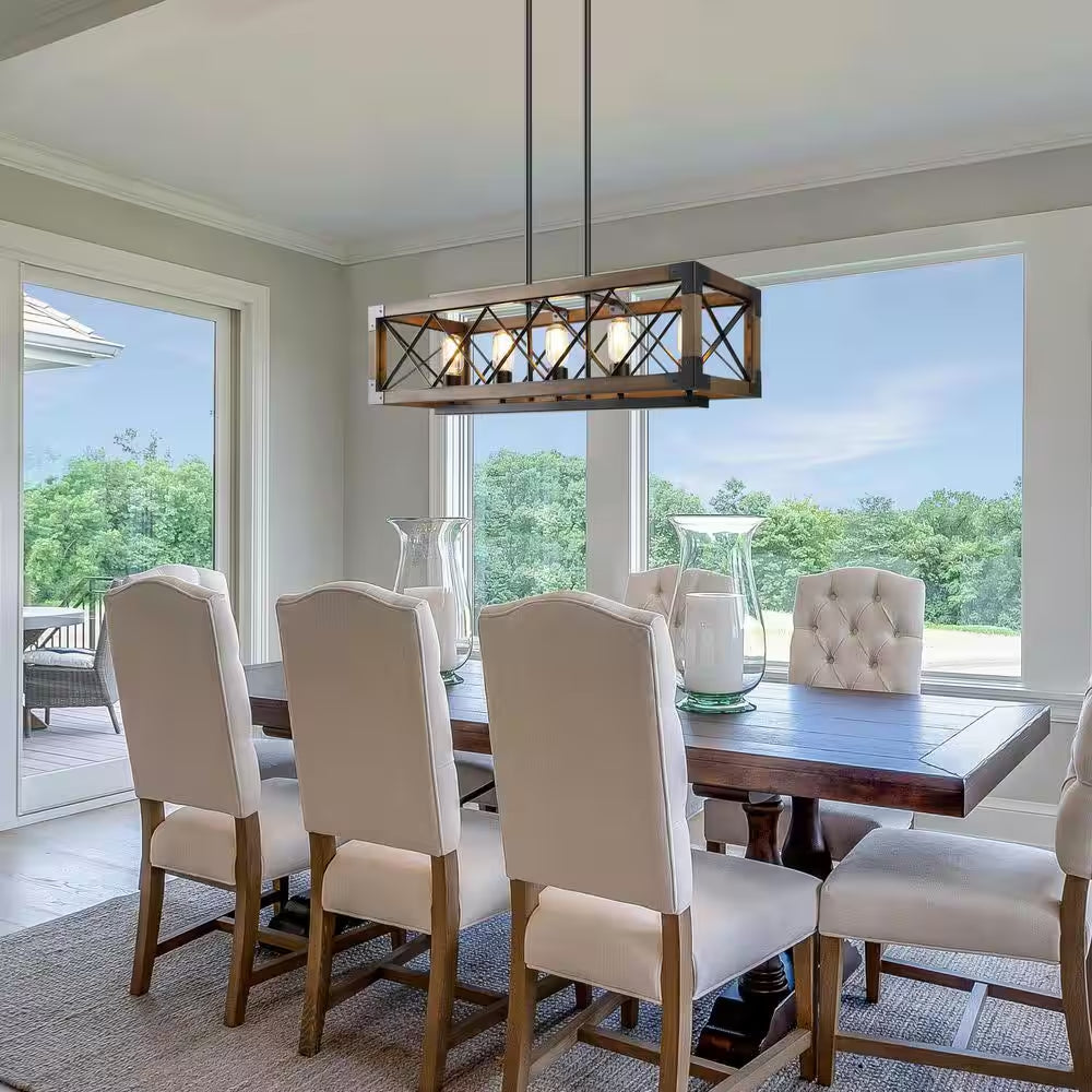 Wood Kitchen Chandelier 5-Light Linear Farmhouse Black Island Dining Room Chandelier Pendant with Rustic Rectangle Frame