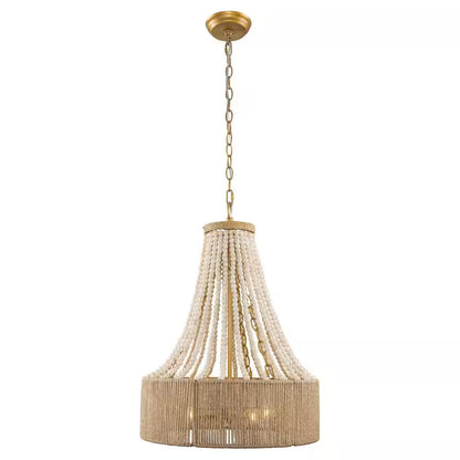 Farmhouse 17.7 In. 4-Light Antique Gold Empire Wood Beaded Chandelier with Jute Rope Shade