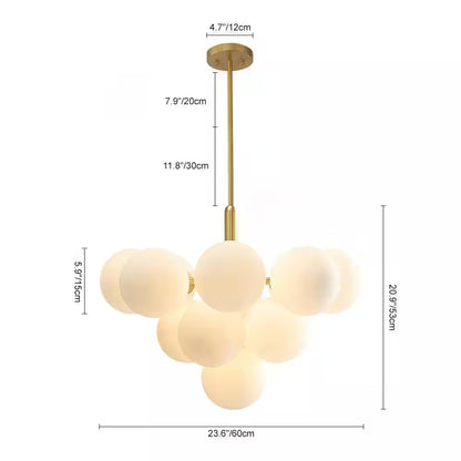 13-Light Brass Mid Century Modern Bubble Globe Chandelier Cluster Pendant Lighting Fixture with Milk White Glass Shade