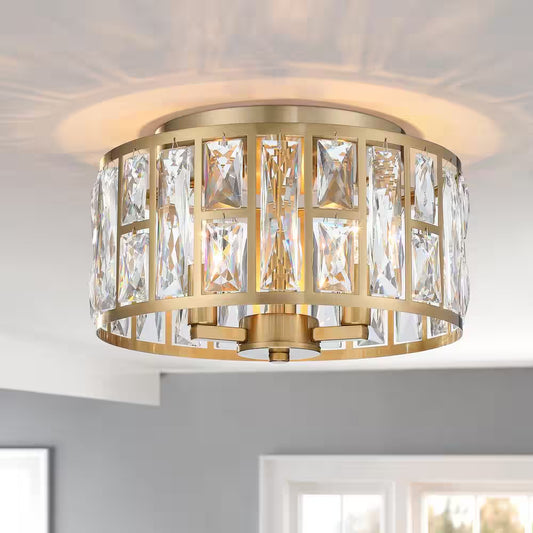 12 In. 3-Light round Modern Gold Drum Flush Mount Ceiling Light with Clear Crystal Shade