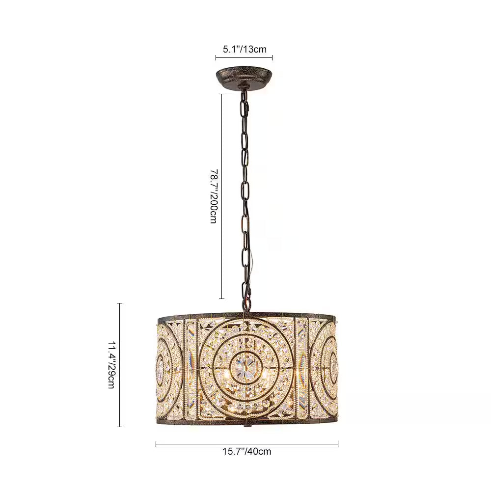 Iridescent 4-Light Vintage Crystal Drum Antique Bronze Chandelier Retro Classic Medium Lighting Fixture for Dining Room