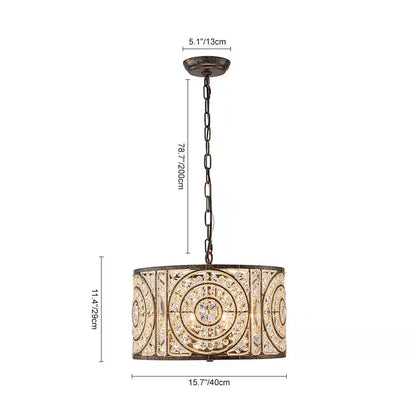 Iridescent 4-Light Vintage Crystal Drum Antique Bronze Chandelier Retro Classic Medium Lighting Fixture for Dining Room