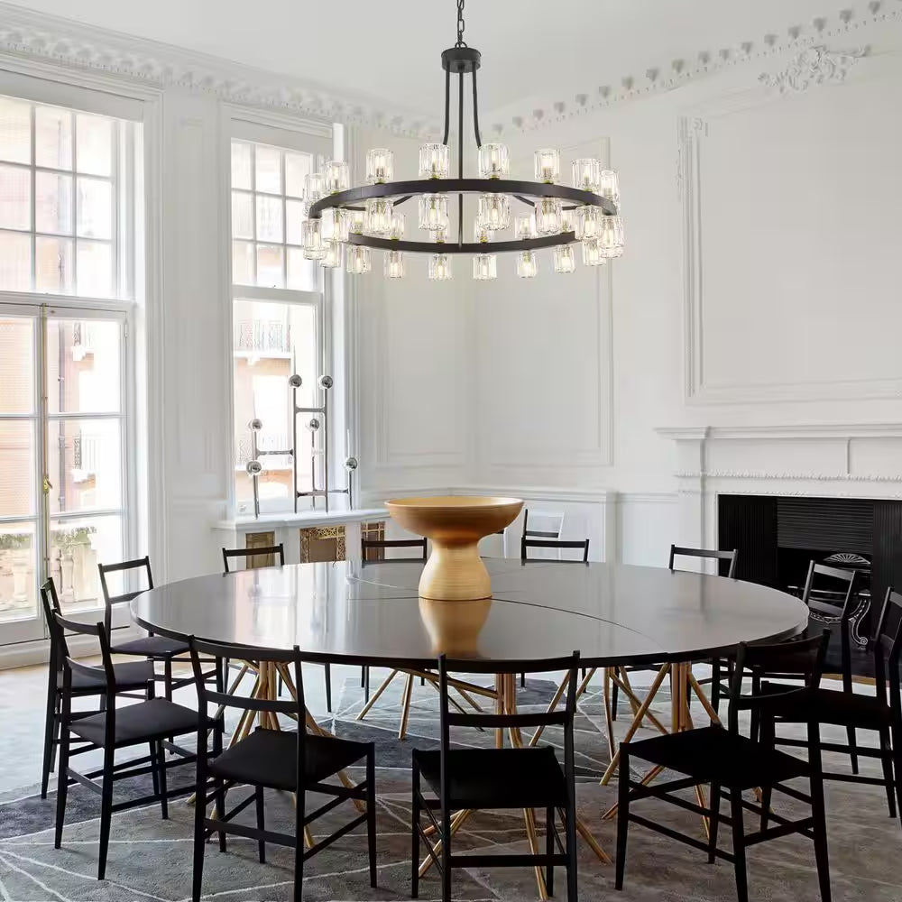 36.6 In. 36-Light Black Glass Crystal Modern Industrial Wagon Wheel Chandelier for Dining Living Room Foyer Staircase