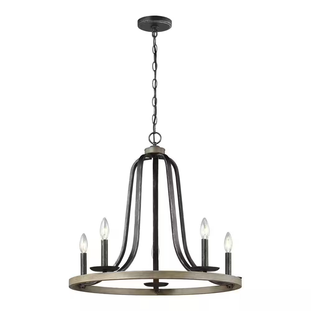 Conal 5-Light Weathered Gray Wagon Wheel Rustic Farmhouse Bell Candlestick Chandelier with Distressed Oak Finish Accents