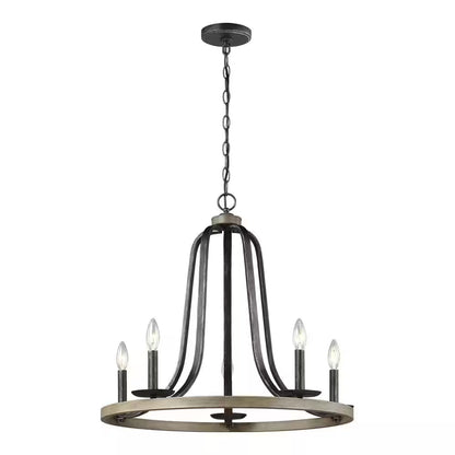 Conal 5-Light Weathered Gray Wagon Wheel Rustic Farmhouse Bell Candlestick Chandelier with Distressed Oak Finish Accents