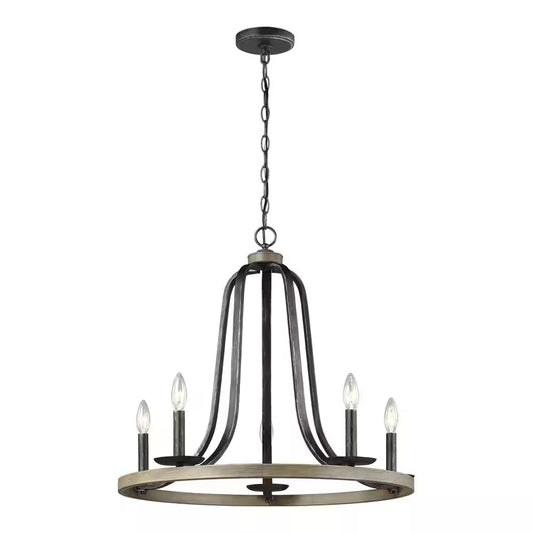 Conal 5-Light Weathered Gray Wagon Wheel Rustic Farmhouse Bell Candlestick Chandelier with Distressed Oak Finish Accents