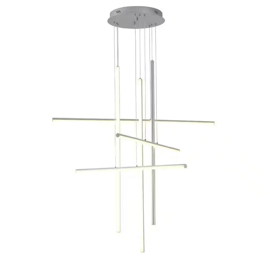 6-Lights Dimmable Integrated LED Silver Linear Chandelier for Staircase Apartment Foyer, 39.4 In.