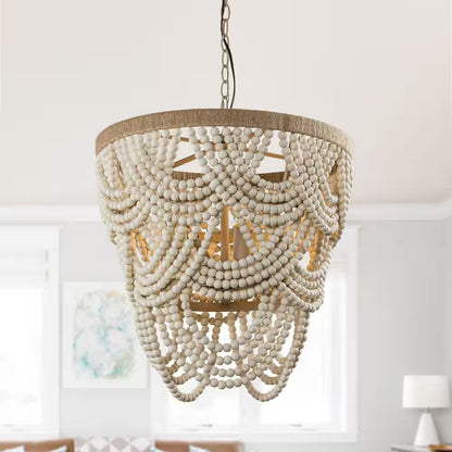 Hatfield 4-Light Bohemia Style Natural Wood Beaded Tiered Chandelier with Rope Accents