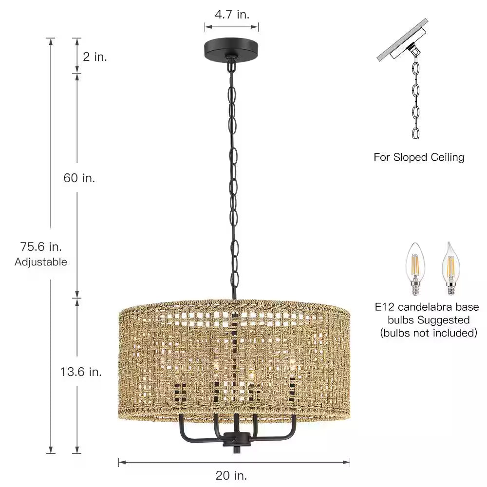 Cape 20 In. 4-Light Bohemian Drum Chandelier with Straw Hand Woven Shade