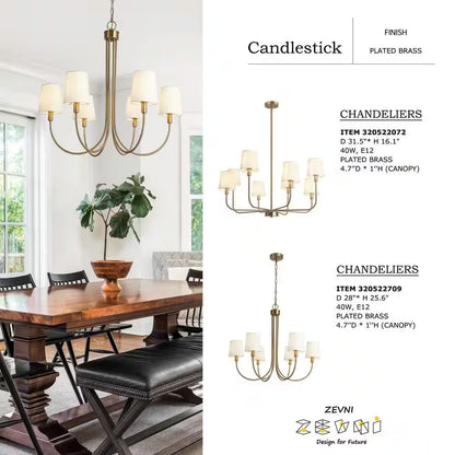 Transitional 28.5 In. 6-Light Plated Brass Sputnik Chandelier, Vintage Dining Room Chandelier with White Fabric Shade