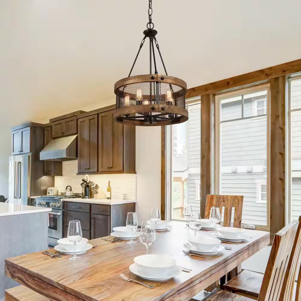 Wood Drum Chandelier 5-Light Brown Candle Black Rustic Farmhouse Chandelier Pendant Dining Room Industrial Chandelier