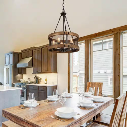 Wood Drum Chandelier 5-Light Brown Candle Black Rustic Farmhouse Chandelier Pendant Dining Room Industrial Chandelier