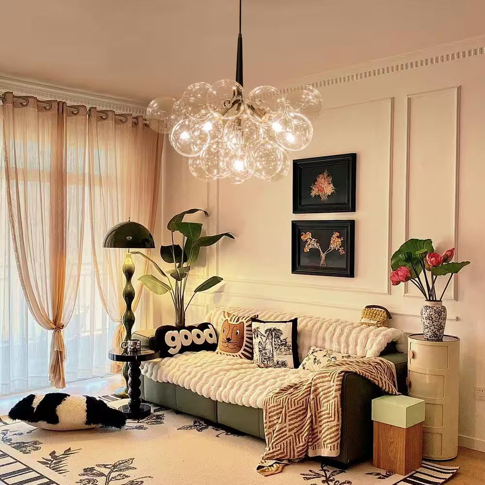 Alma 6-Light 24.8 In.W Silver and Black Cluster Bubble Chandelier with Clear Glass and Leather, LED Bulbs Included