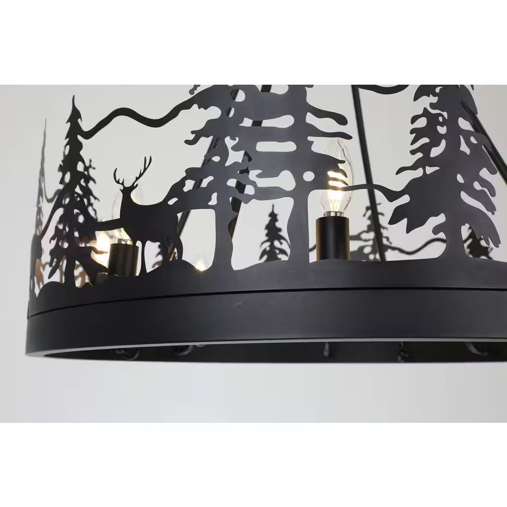 8-Light Black Ambient Rustic Chandelier Wagon Wheel Farmhouse Chandelier for Dining Living Room Foyer